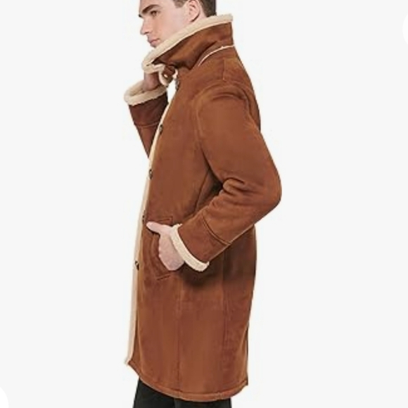 Guess Mens Double-Breasted Faux Shearling Long Coat Faux Suede Faux Fur #678 - Picture 2 of 16